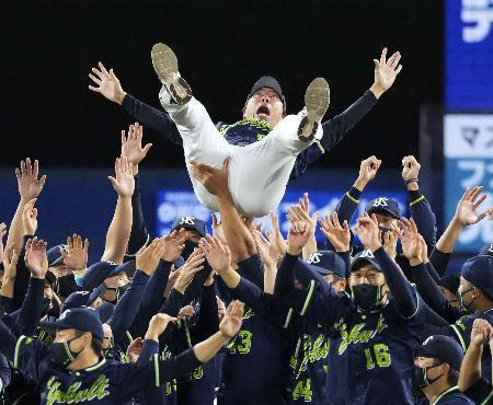 　プロ野球セ・リーグで６年ぶり８度目の優勝を決め、胴上げされるヤクルト・高津臣吾監督＝２６日、横浜スタジアム
