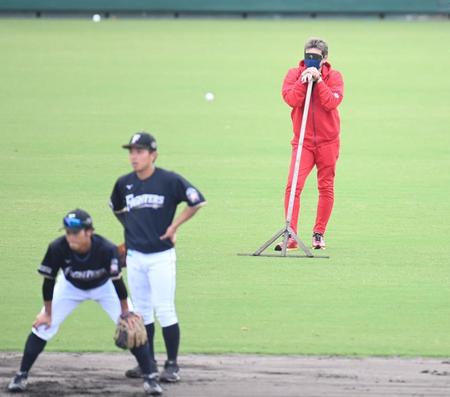 練習を後ろから見つめる新庄ビッグボス（撮影・高石航平）