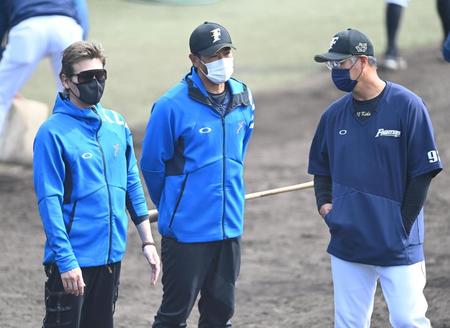 　話し込む（左から）新庄ビッグボス、稲葉ＧＭ、木田２軍監督代理（撮影・高石航平）