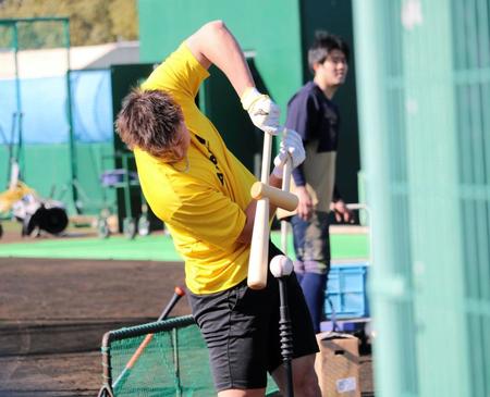 　「シークエンスバット」でティー打撃をする杉本