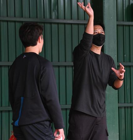 　日本ハム・吉田にアドバイスする藤川球児氏（撮影・高石航平）