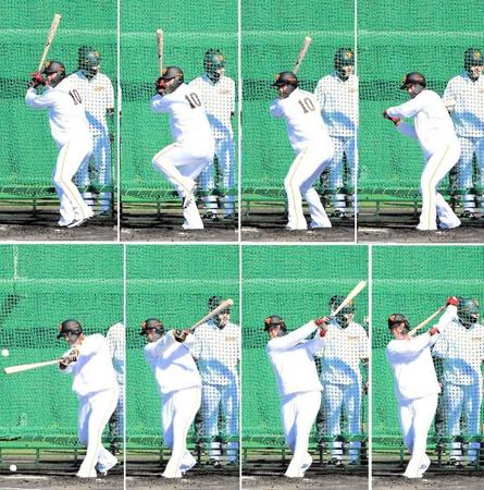 巨人・中田翔の打撃フォーム連続写真　上段左から（１）～（４）下段左から（５）～（８）