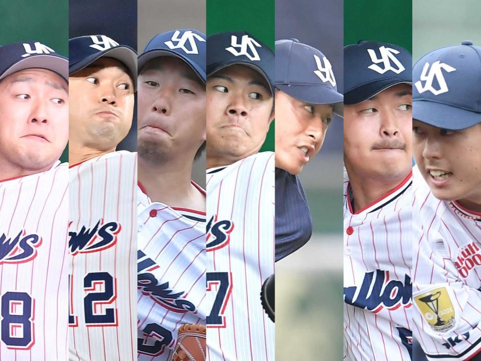 （左から）梅野、石山、今野、清水、坂本、大下、杉山