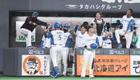 ８回、アルカンタラの勝ち越し適時二塁打に大喜びの新庄ビッグボス（左端）ら日本ハムナイン（撮影・金田祐二）