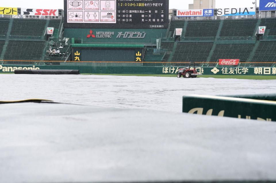 雨がたまる内野に敷かれたシート（撮影・石井剣太郎）