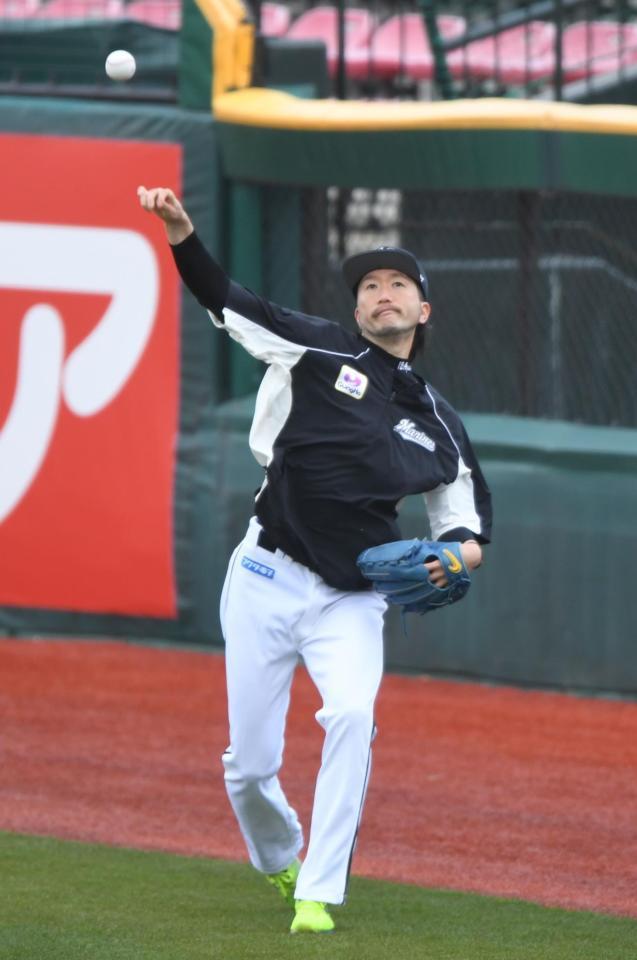 　キャッチボールで調整する石川（撮影・開出牧）