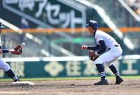 　６回、若狭の打球を二塁手・袴田（右）が送球し損なうも、遊撃手・斉賀（左端）が捕球。三塁へ送球し二走・永井をアウトにする（撮影・吉澤敬太）