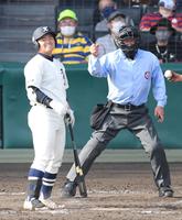 　７回、バースデーソングとともに打席に立つも、見逃し三振に倒れた代打の国学院久我山・鈴木（撮影・伊藤笙子）