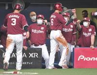 　１回、島内の先制打で生還した浅村（３）、西川（６）を迎える石井監督ら（撮影・高部洋祐）