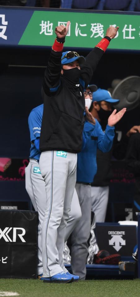 ４回、今川の先制２ランに喜ぶ新庄ビッグボス（撮影・石井剣太郎）