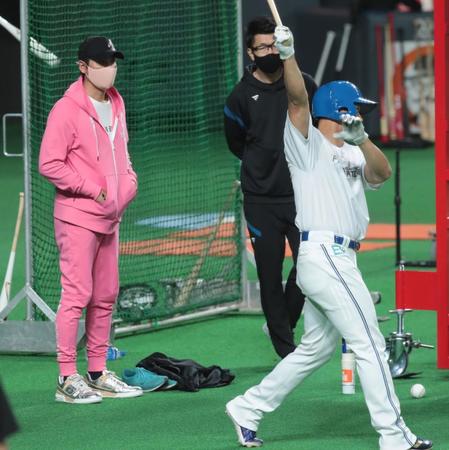 王柏融（右端）のバッティングを見る新庄ビッグボス（左端）＝撮影・中島達哉