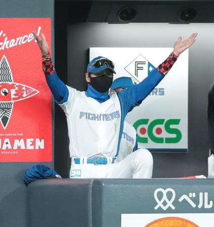 ９回、今川の見逃し三振に手を広げた新庄ビッグボス（撮影・中島達哉）