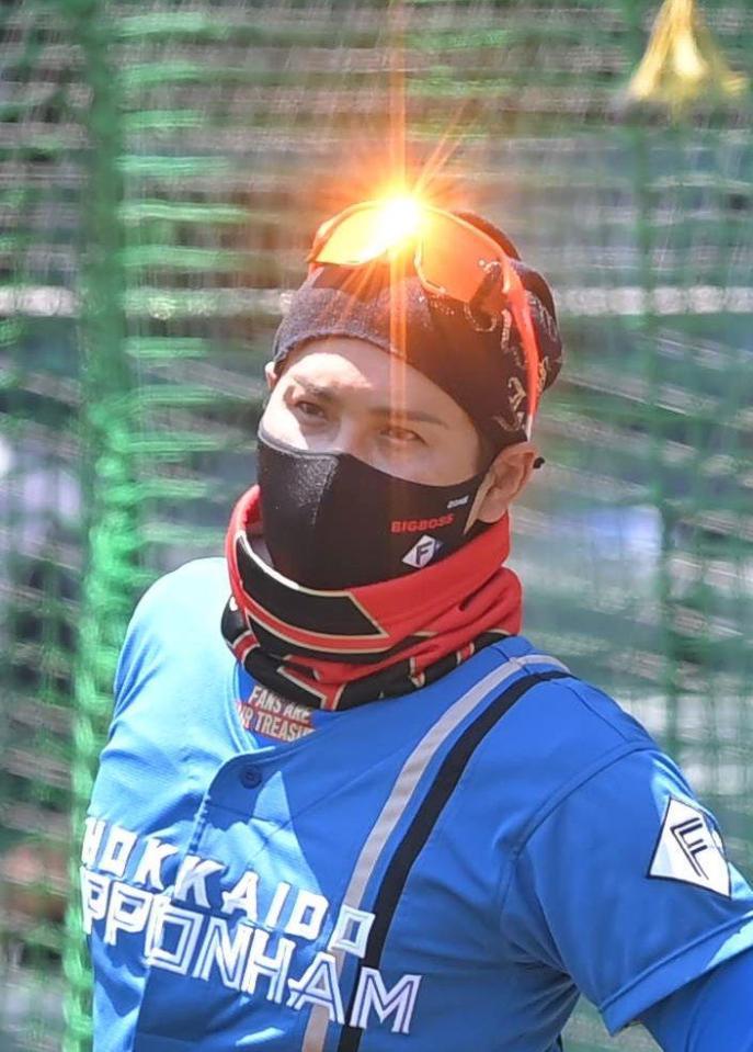 　試合前、ナインの練習を見守る新庄ビッグボス（撮影・高部洋祐）