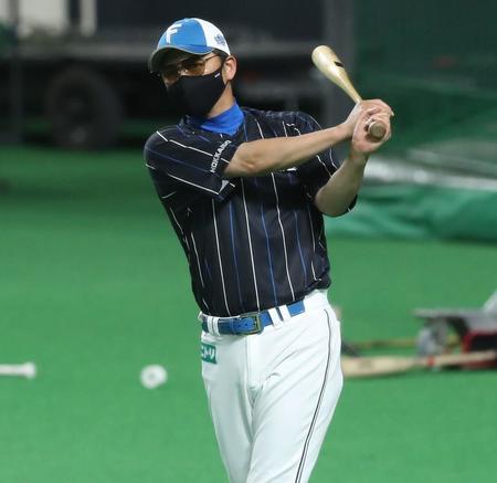 　サングラスをかけて素振りをする金子コーチ（撮影・中島達哉）