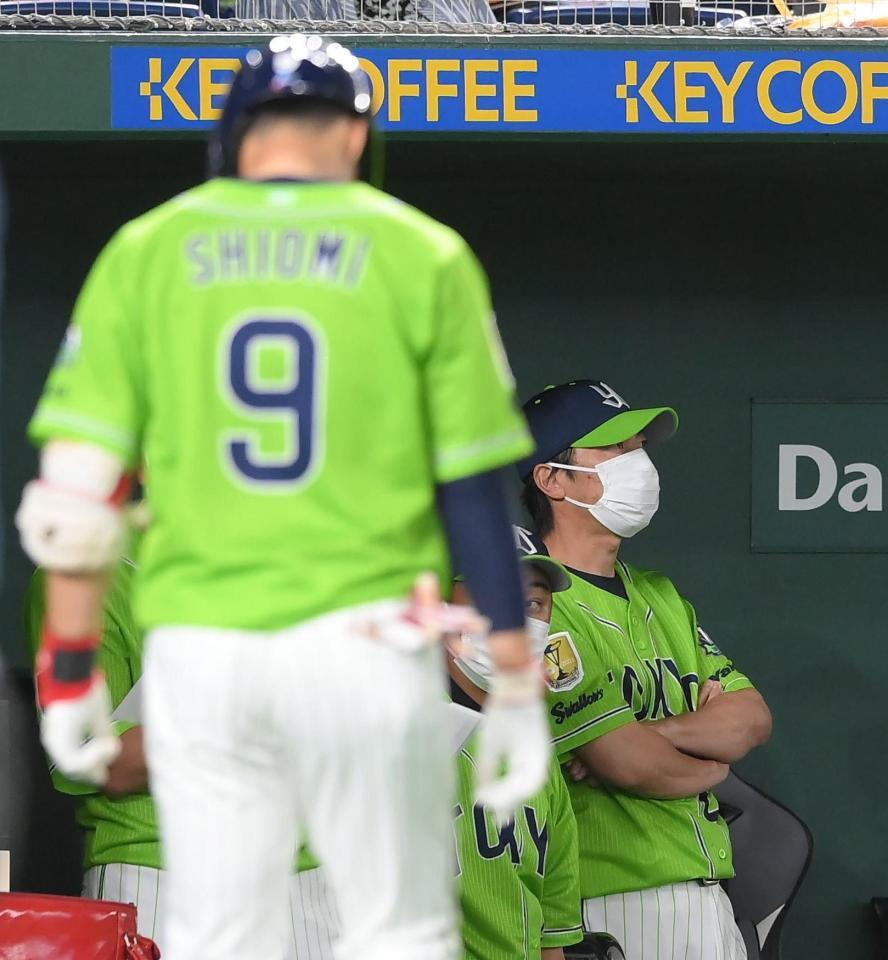 　７回、ベンチから試合を見つめる高津監督。手前は好機で遊ゴロに倒れた塩見（撮影・堀内翔）