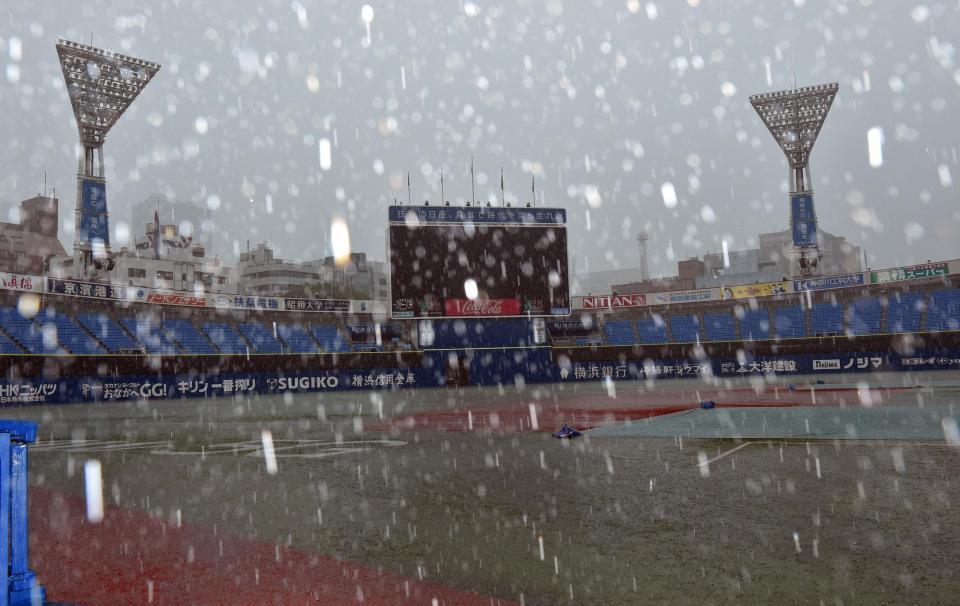 　降雨のため試合開始を２０分遅らせた横浜スタジアム（撮影・佐藤厚）