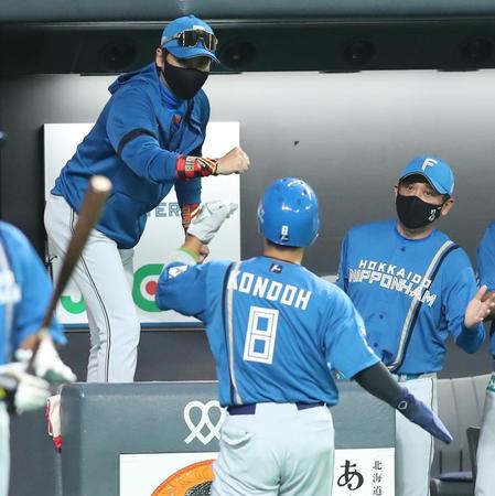 　６回、野村の先制打で生還した二走・近藤（手前）をベンチで迎える新庄ビッグボス（左上）＝撮影・中島達哉
