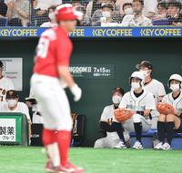 ７回、中村健（手前）のソロを浴びて追加点を奪われ、ベンチで厳しい表情を浮かべる原監督（中央）＝撮影・西岡正