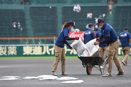 グラウンド整備を行う阪神園芸のスタッフ（撮影・伊藤笙子）