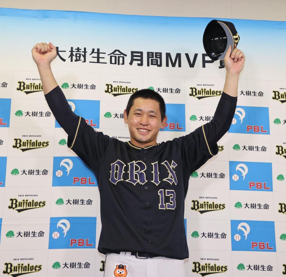　月間ＭＶＰ賞に輝きガッツポーズを決めるオリックス・宮城