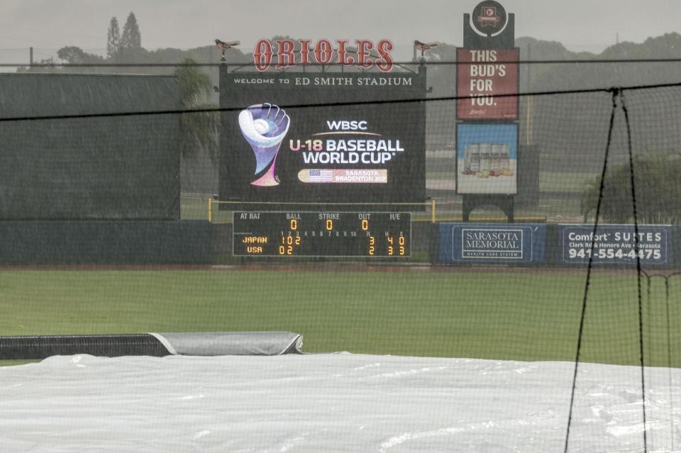 　３回途中で悪天候のため中断した米国－日本戦＝サラソタ（侍ジャパン提供・ゲッティ＝共同）