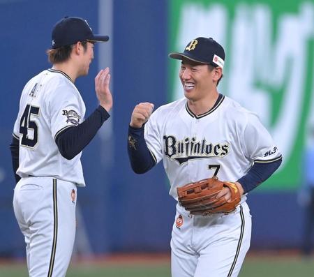 　最後を締めた阿部（左）と笑顔でタッチを交わす吉田正（撮影・高部洋祐）