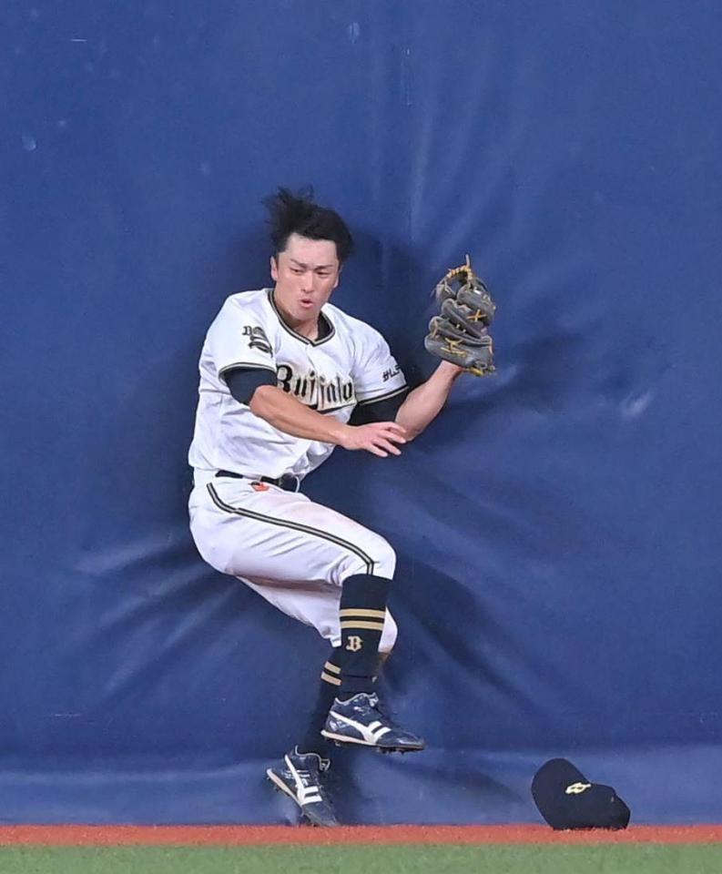 　２回、甲斐の打球を好捕し、フェンスに激突する福田（撮影・高部洋祐）