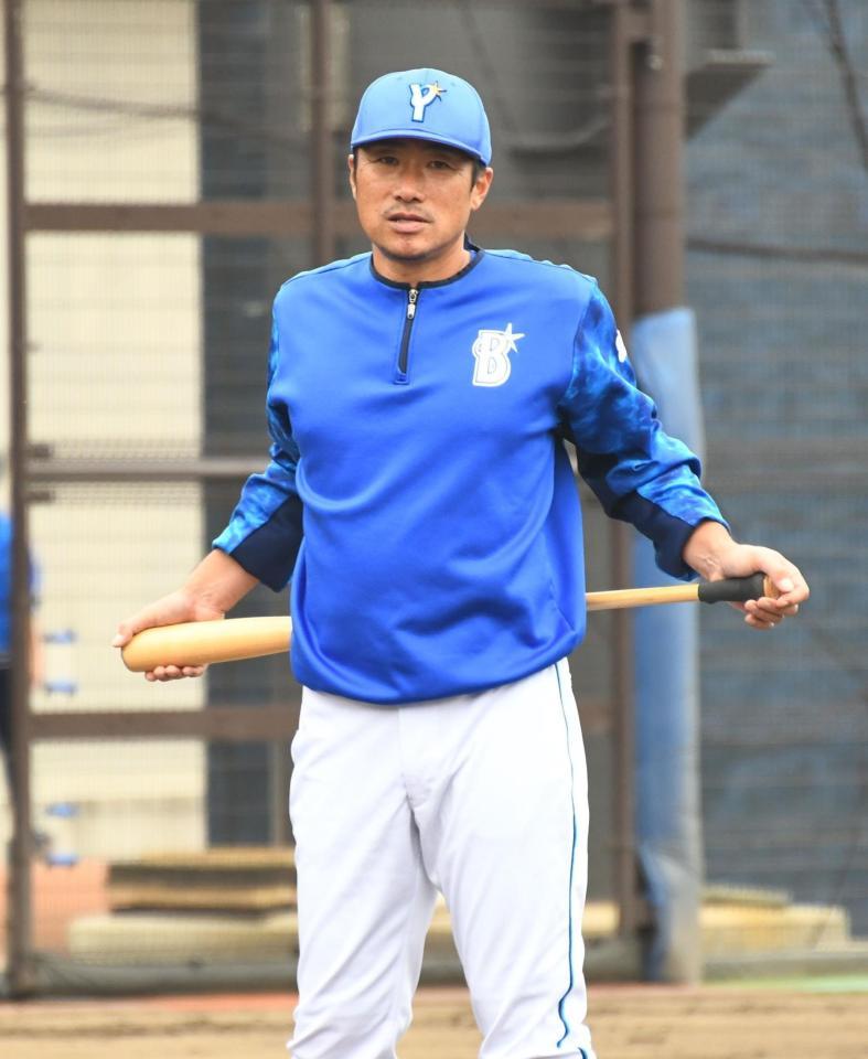 　練習を見守る相川バッテリーコーチ（撮影・中田匡峻）