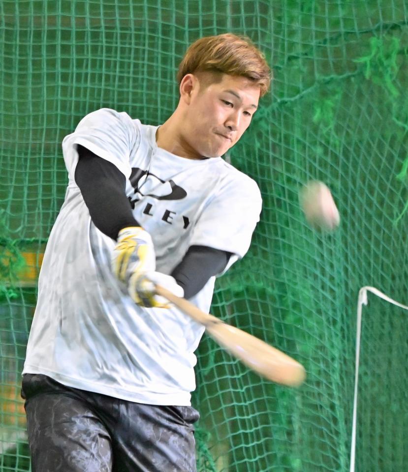 　自主トレで打撃練習する京田