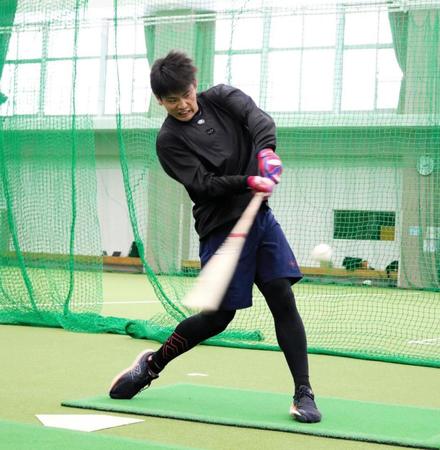 　自主トレで力強いスイングを見せる野村