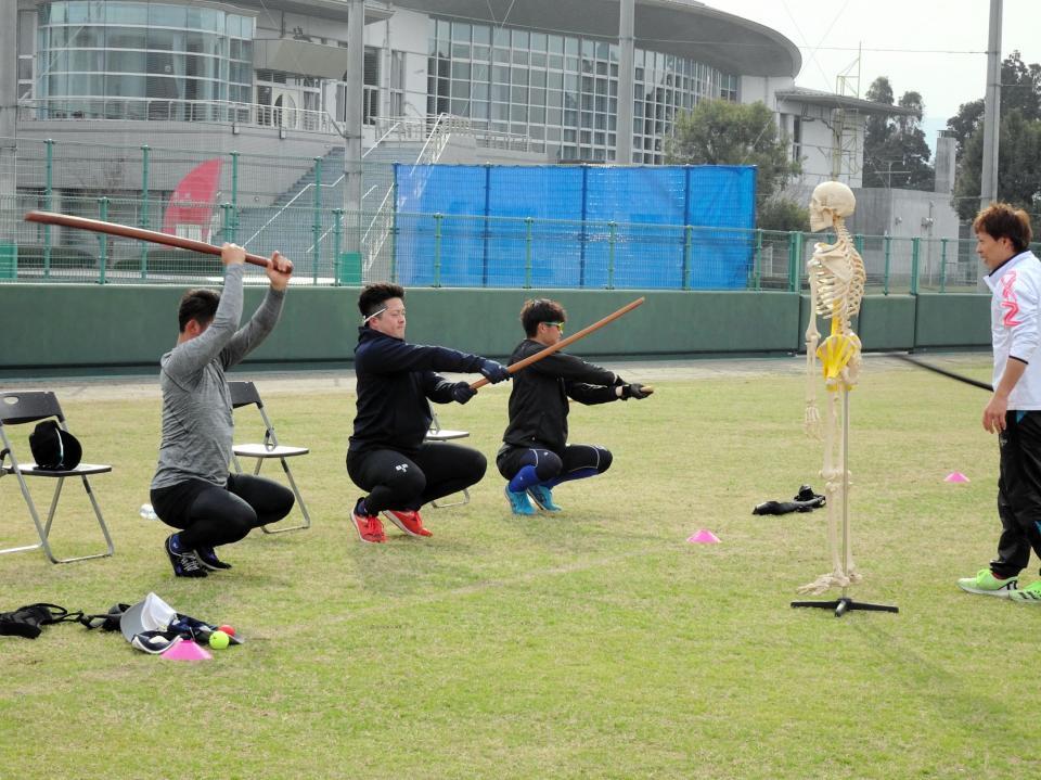 　人体骨格模型を用いながら、木刀でトレーニングをする左から、益子、牧、大和
