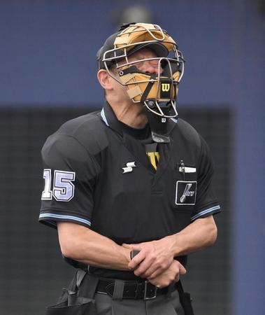 　２回、宇佐見慎吾の打球が右腕を直撃し、悶絶する木内九二生審判（撮影・伊藤笙子）