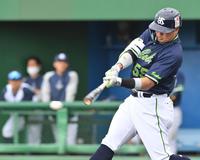 　４回、右前適時打を放つ村上（撮影・西岡正）