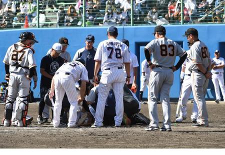 　５回、元山が頭部に死球を受け、心配そうに見つめる原監督（右手前）ら両軍の選手とコーチ（撮影・佐藤厚）