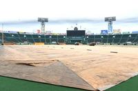 　球場には雨よけのシートが敷かれた（撮影・石井剣太郎）