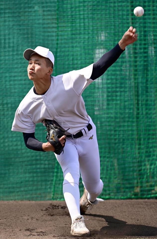 　投球練習する大阪桐蔭の前田（代表撮影）