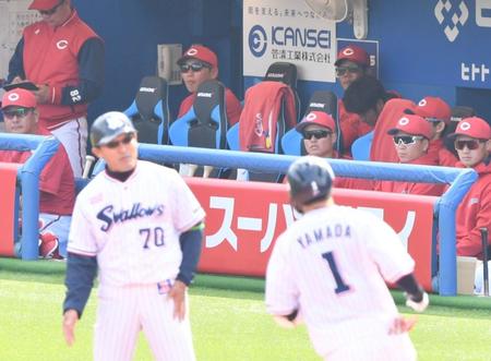 　３回、同点２ランを放った山田を見つめる新井監督（撮影・佐々木彰尚）