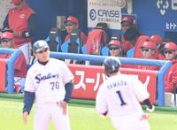 　３回、同点２ランを放った山田を見つめる新井監督（撮影・佐々木彰尚）