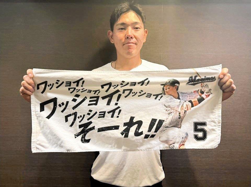 　応援歌フェイスタオルを手に持つ安田（球団提供）