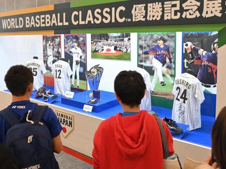 　展示されたＷＢＣ優勝トロフィーを見る野球ファン（撮影・西岡正）