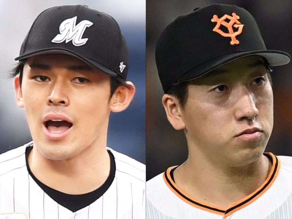 　ロッテ・佐々木朗（左）と巨人・大勢