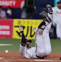 　４回、死球を受ける宗（撮影・山口登）