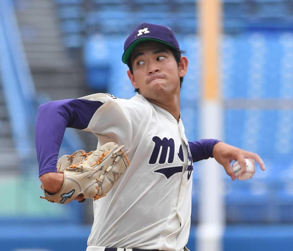 　白鷗大打線を相手に好投を見せた明大・久野（撮影・佐々木彰尚）