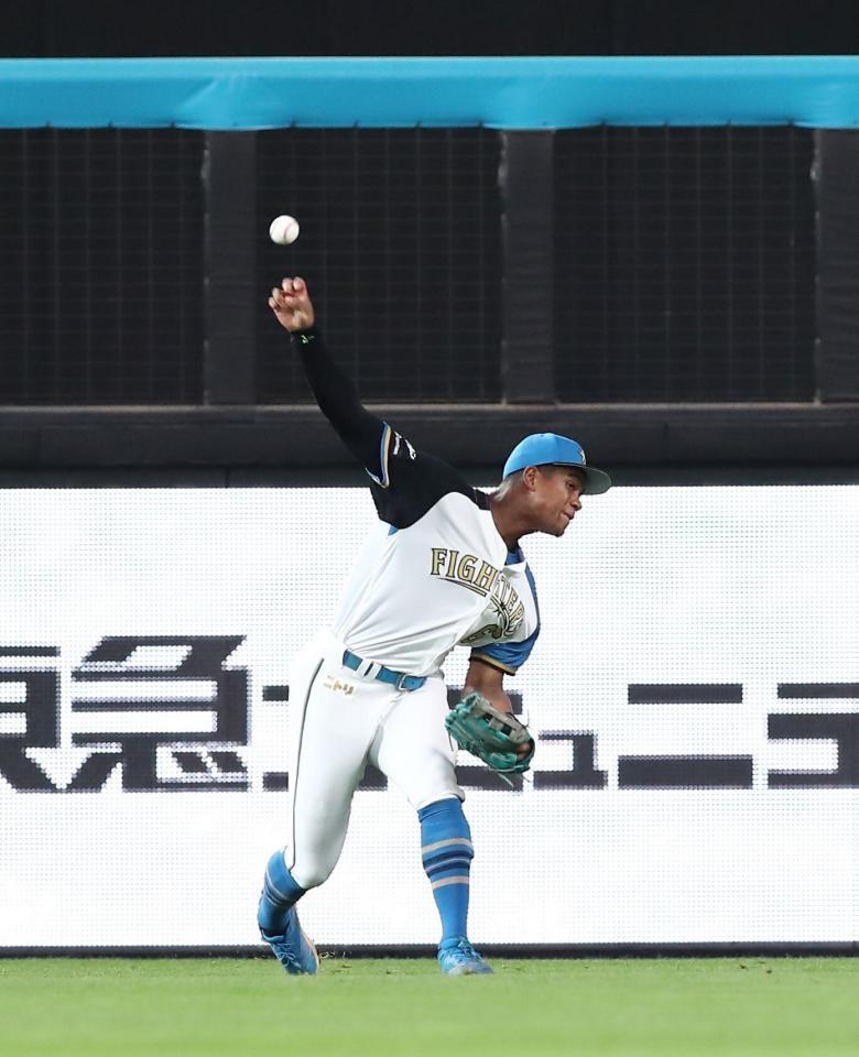 　２回、頓宮の打球を捕球し、三塁へ送球する万波（撮影・中島達哉）