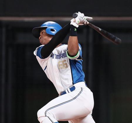 　５回、中前打を放つ万波（撮影・中島達哉）