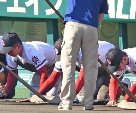 【写真】夏の甲子園　阪神園芸スタッフの優しさがにじんだ瞬間　トンボで土を集めて選手の前へ　感動
