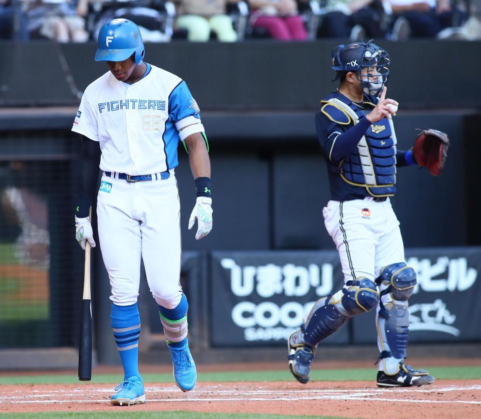 　３回、見逃し三振に倒れる万波（捕手・若月）＝撮影・中島達哉