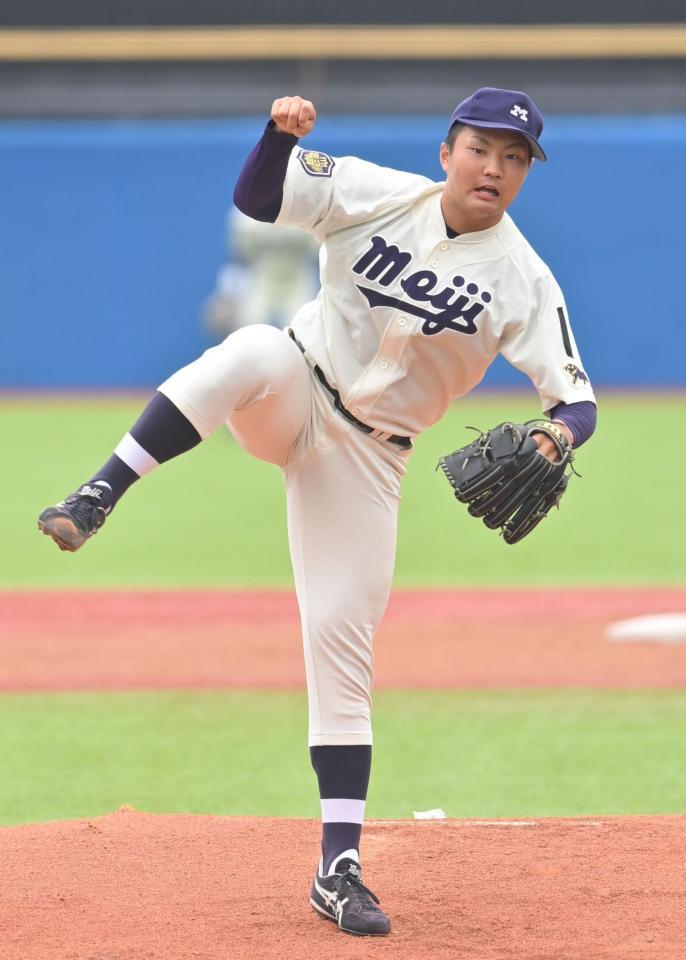 　東大戦に先発し力投する明大・村田賢一（撮影・西岡正）