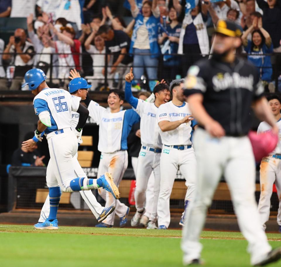 　９回、サヨナラ２ランを放つ万波（手前はソフトバンクのオスナ）＝撮影・中島達哉