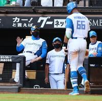 　９回、戦況を見つめる新庄監督。右は空振り三振を喫しベンチに戻る万波（撮影・中島達哉）